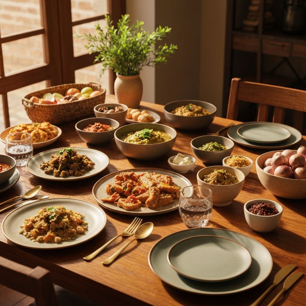 Traditional dining table setting with multiple dishes