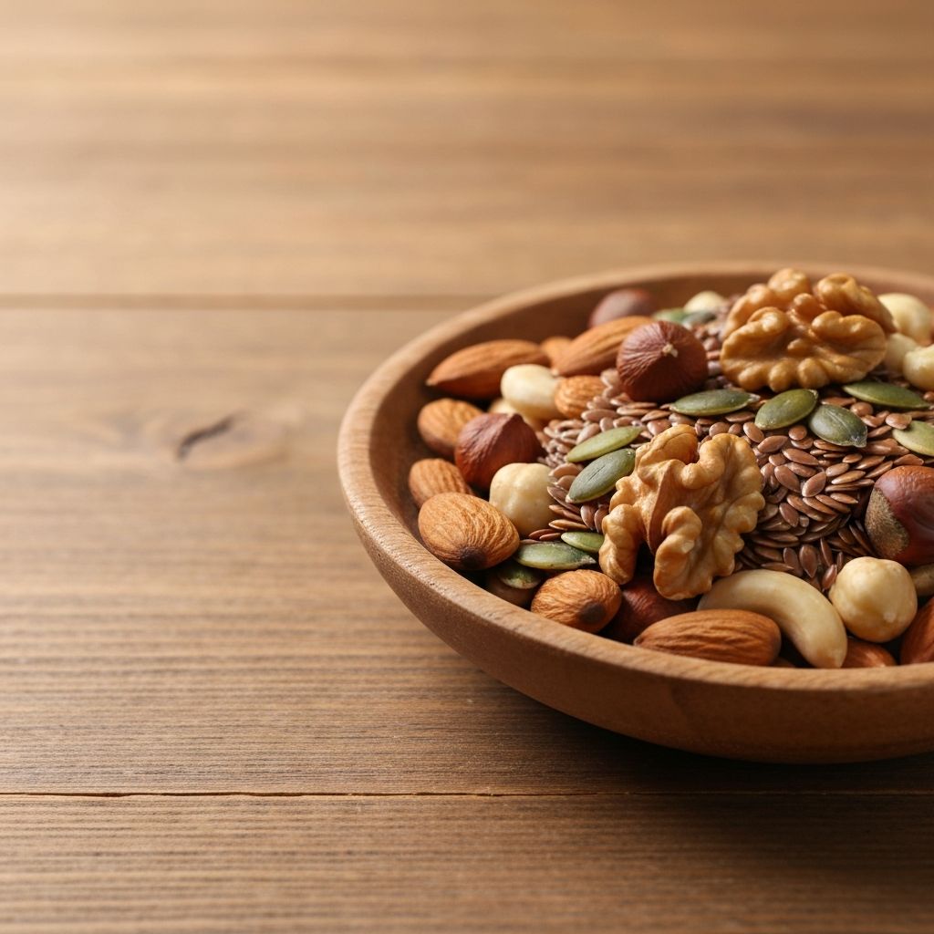 Bowl of mixed nuts and seeds in wooden dish